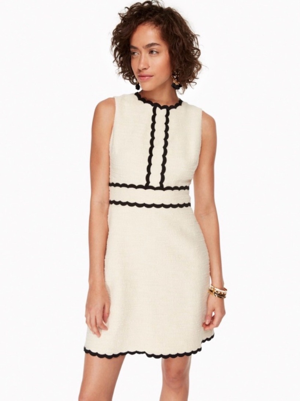 Kate Spade Scallop Tweed Dress Offe White Black Trim Sleeveless A-Line Sz 14